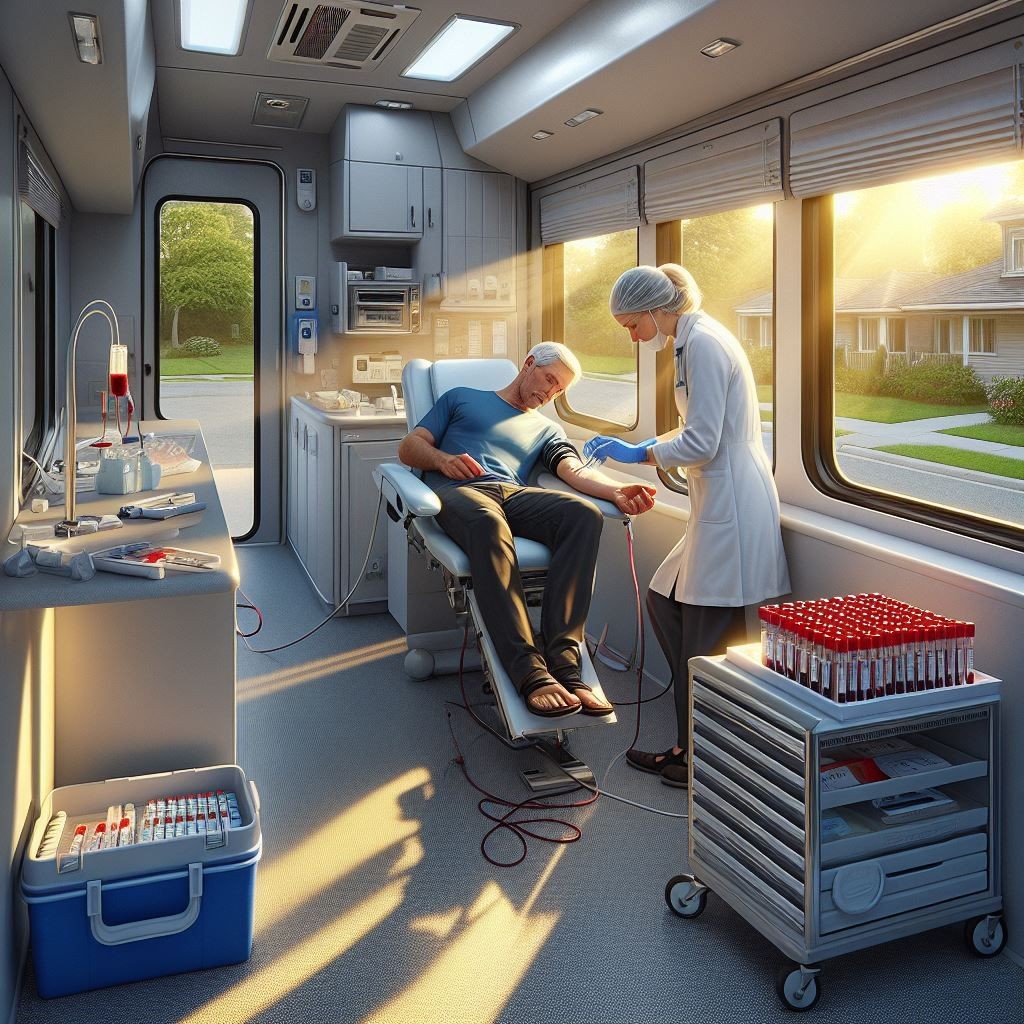 Interior of a mobile medical clinic with a patient donating blood while attended by a medical professional.